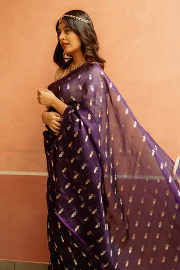 Buy_Priyanka Raajiv_Purple Silk Chiti Saree With Unstitched Blouse Fabric _Online_at_Aza_Fashions