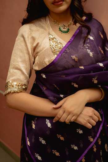 Buy_Priyanka Raajiv_Purple Silk Chiti Saree With Unstitched Blouse Fabric 