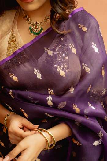 Shop_Priyanka Raajiv_Purple Silk Chiti Saree With Unstitched Blouse Fabric 