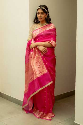 Buy_Priyanka Raajiv_Pink Silk Koumari Saree With Unstitched Blouse Fabric _at_Aza_Fashions