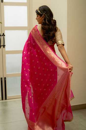 Priyanka Raajiv_Pink Silk Koumari Saree With Unstitched Blouse Fabric _Online_at_Aza_Fashions