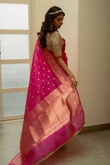 Shop_Priyanka Raajiv_Pink Silk Koumari Saree With Unstitched Blouse Fabric _at_Aza_Fashions