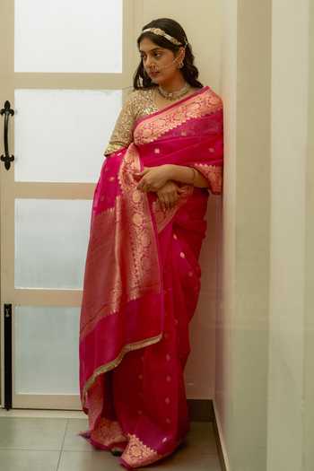 Buy_Priyanka Raajiv_Pink Silk Koumari Saree With Unstitched Blouse Fabric _Online_at_Aza_Fashions