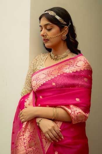 Shop_Priyanka Raajiv_Pink Silk Koumari Saree With Unstitched Blouse Fabric _Online_at_Aza_Fashions