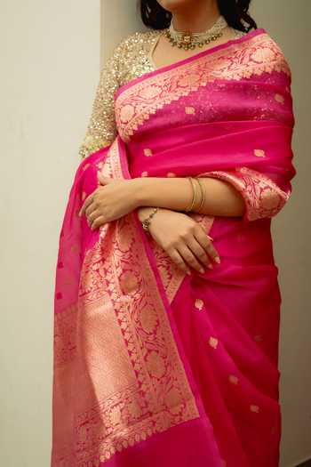 Priyanka Raajiv_Pink Silk Koumari Saree With Unstitched Blouse Fabric _at_Aza_Fashions