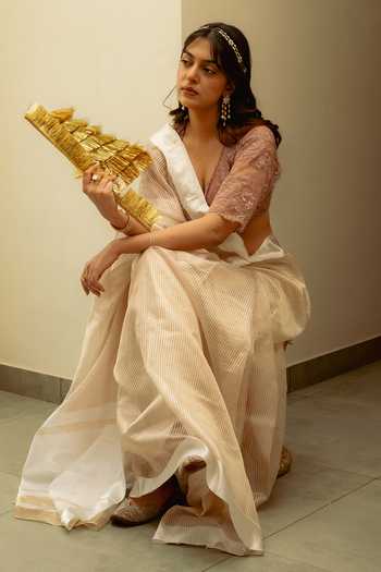 Buy_Priyanka Raajiv_Ivory Silk Aindri Banarasi Saree With Unstitched Blouse Fabric _Online_at_Aza_Fashions