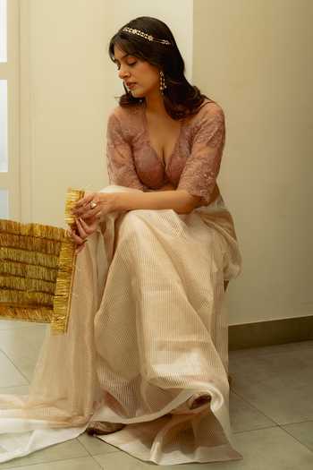 Shop_Priyanka Raajiv_Ivory Silk Aindri Banarasi Saree With Unstitched Blouse Fabric _Online_at_Aza_Fashions
