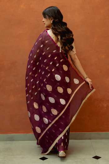 Shop_Priyanka Raajiv_Wine Silk Chiti Woven Saree With Unstitched Blouse Fabric _at_Aza_Fashions