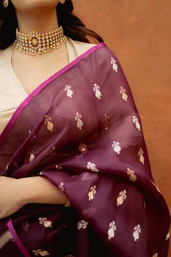 Shop_Priyanka Raajiv_Wine Silk Chiti Woven Saree With Unstitched Blouse Fabric _Online_at_Aza_Fashions