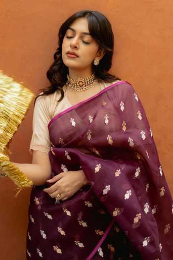 Priyanka Raajiv_Wine Silk Chiti Woven Saree With Unstitched Blouse Fabric _at_Aza_Fashions