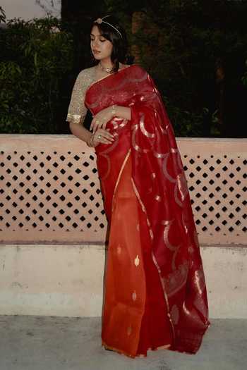 Shop_Priyanka Raajiv_Red Silk Viraja Banarasi Saree With Unstitched Blouse Piece _at_Aza_Fashions