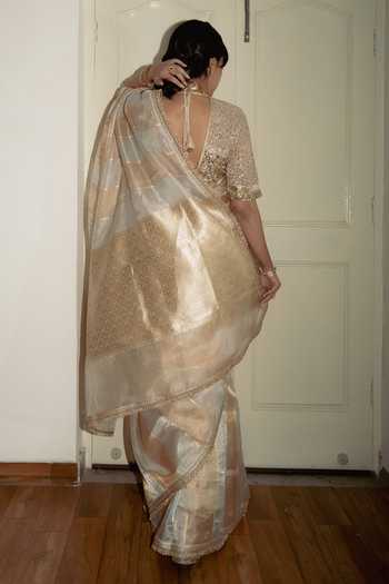 Shop_Priyanka Raajiv_Ivory Silk Ajita Banarasi Saree With Unstitched Blouse Piece _at_Aza_Fashions