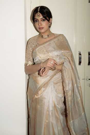 Shop_Priyanka Raajiv_Ivory Silk Ajita Banarasi Saree With Unstitched Blouse Piece _Online_at_Aza_Fashions