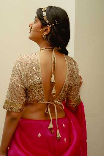 Shop_Priyanka Raajiv_Gold Net V-neck Chamika Embroidered Blouse _at_Aza_Fashions