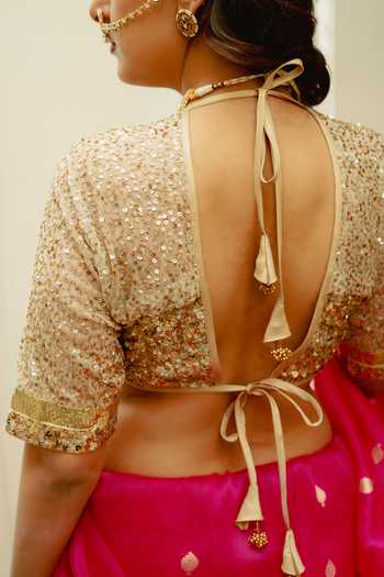 Shop_Priyanka Raajiv_Gold Net V-neck Chamika Embroidered Blouse _Online_at_Aza_Fashions