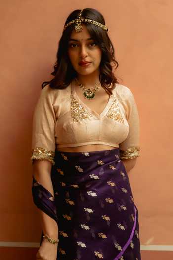 Buy_Priyanka Raajiv_Ivory Silk, Brocade Leaf Neck Shamik Gota Work Blouse _at_Aza_Fashions