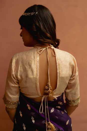 Shop_Priyanka Raajiv_Ivory Silk, Brocade Leaf Neck Shamik Gota Work Blouse _at_Aza_Fashions