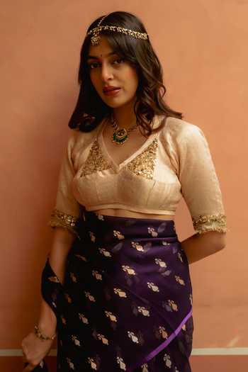 Buy_Priyanka Raajiv_Ivory Silk, Brocade Leaf Neck Shamik Gota Work Blouse _Online_at_Aza_Fashions