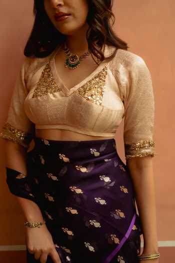 Shop_Priyanka Raajiv_Ivory Silk, Brocade Leaf Neck Shamik Gota Work Blouse _Online_at_Aza_Fashions