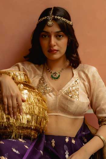 Priyanka Raajiv_Ivory Silk, Brocade Leaf Neck Shamik Gota Work Blouse _at_Aza_Fashions