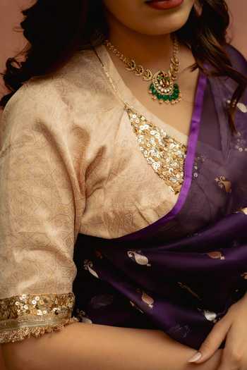 Buy_Priyanka Raajiv_Ivory Silk, Brocade Leaf Neck Shamik Gota Work Blouse 
