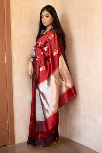 Priyanka Raajiv_Red Silk, Chanderi Kaushiki Saree With Unstitched Blouse _Online_at_Aza_Fashions
