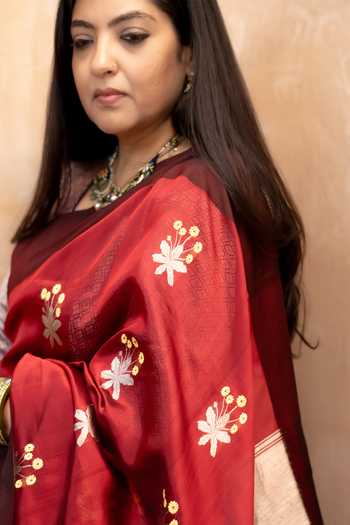 Buy_Priyanka Raajiv_Red Silk, Chanderi Kaushiki Saree With Unstitched Blouse _Online_at_Aza_Fashions