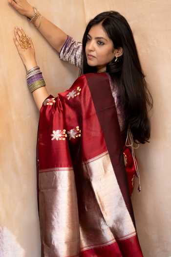 Shop_Priyanka Raajiv_Red Silk, Chanderi Kaushiki Saree With Unstitched Blouse _Online_at_Aza_Fashions