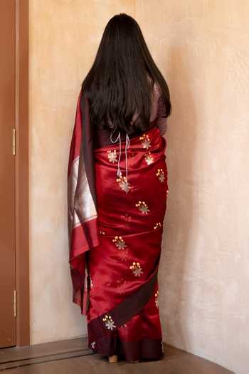 Shop_Priyanka Raajiv_Red Silk, Chanderi Kaushiki Saree With Unstitched Blouse _at_Aza_Fashions