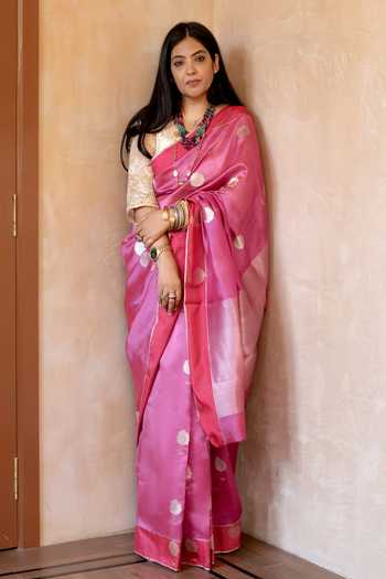 Buy_Priyanka Raajiv_Pink Silk, Chanderi Gauri Saree With Unstitched Blouse Fabric _at_Aza_Fashions