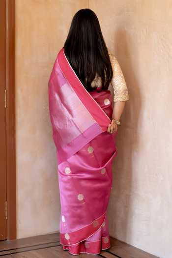 Shop_Priyanka Raajiv_Pink Silk, Chanderi Gauri Saree With Unstitched Blouse Fabric _at_Aza_Fashions
