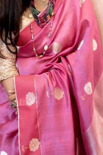 Buy_Priyanka Raajiv_Pink Silk, Chanderi Gauri Saree With Unstitched Blouse Fabric _Online_at_Aza_Fashions
