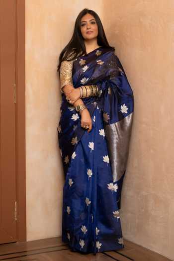 Buy_Priyanka Raajiv_Blue Silk, Chanderi Nilaya Saree With Unstitched Blouse Fabric _at_Aza_Fashions