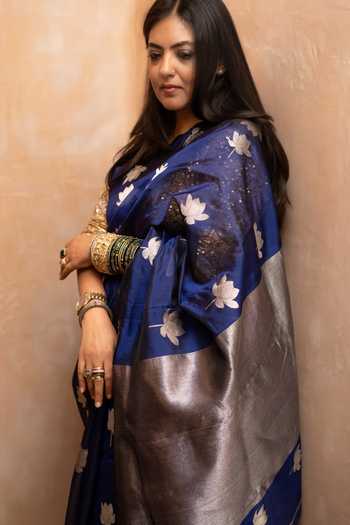 Buy_Priyanka Raajiv_Blue Silk, Chanderi Nilaya Saree With Unstitched Blouse Fabric _Online_at_Aza_Fashions
