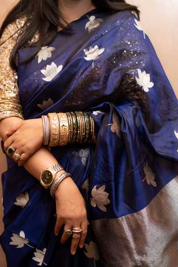 Priyanka Raajiv_Blue Silk, Chanderi Nilaya Saree With Unstitched Blouse Fabric _at_Aza_Fashions