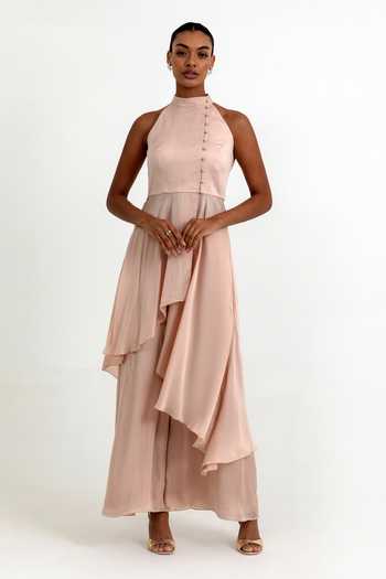 Buy_Raison D'Etre Atelier_Peach Organza Halter Neck Haven Asymmetric Tunic And Pant Set _at_Aza_Fashions