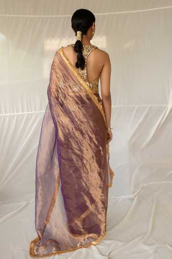 Shop_Priyanka Raajiv_Purple Chanderi, Silk Gota Patti Teej Saree With Running Blouse _at_Aza_Fashions