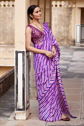Buy_Geroo Jaipur_Purple Tussar, Silk V-neck Lehriya Saree With Blouse _Online_at_Aza_Fashions