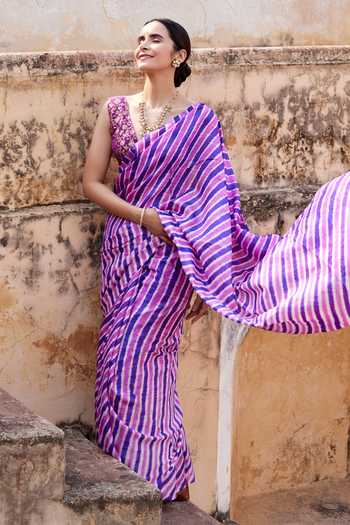 Shop_Geroo Jaipur_Purple Tussar, Silk V-neck Lehriya Saree With Blouse _Online_at_Aza_Fashions
