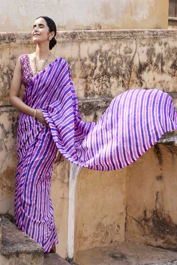 Geroo Jaipur_Purple Tussar, Silk V-neck Lehriya Saree With Blouse _at_Aza_Fashions