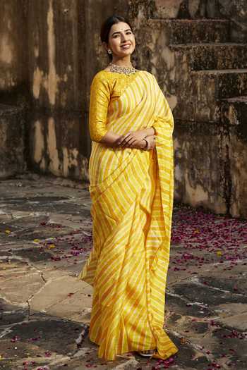 Geroo Jaipur_Yellow Silk, Tussar Round Neck Lehriya Pure Saree Set _Online_at_Aza_Fashions