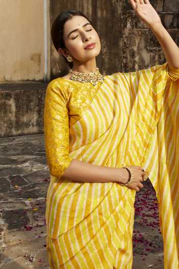 Shop_Geroo Jaipur_Yellow Silk, Tussar Round Neck Lehriya Pure Saree Set _Online_at_Aza_Fashions