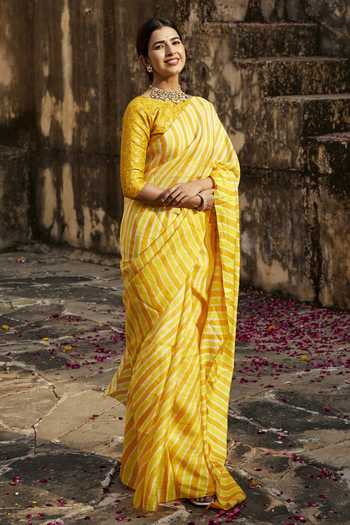 Geroo Jaipur_Yellow Silk, Tussar Round Neck Lehriya Pure Saree Set _at_Aza_Fashions