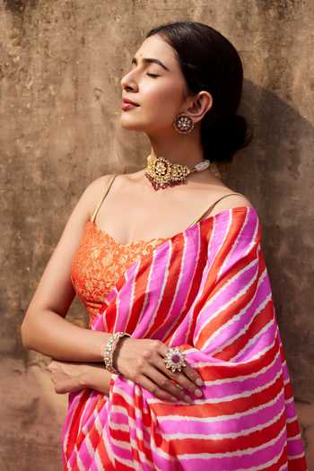 Shop_Geroo Jaipur_Pink Tussar Sweetheart Neck Lehriya Pure Silk Saree Set _Online_at_Aza_Fashions