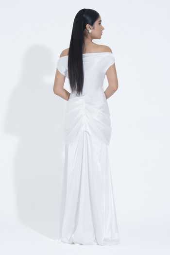NA-KA_White Silk Off-shoulder Off Draped Gown _Online_at_Aza_Fashions