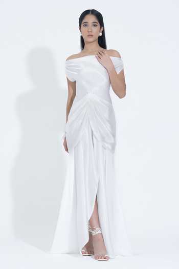 Buy_NA-KA_White Silk Off-shoulder Off Draped Gown _at_Aza_Fashions