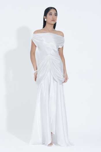 Buy_NA-KA_White Silk Off-shoulder Off Draped Gown _Online_at_Aza_Fashions