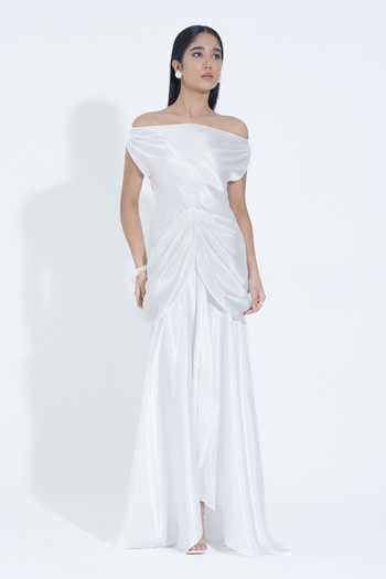 Shop_NA-KA_White Silk Off-shoulder Off Draped Gown _Online_at_Aza_Fashions