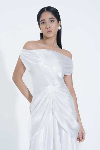 NA-KA_White Silk Off-shoulder Off Draped Gown _at_Aza_Fashions