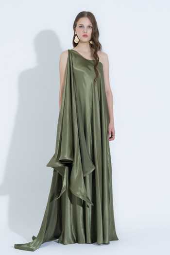 Buy_NA-KA_Olive Green Silk One Shoulder Gown _Online_at_Aza_Fashions